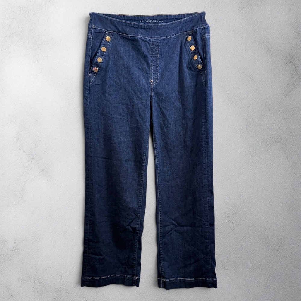 Chico's Dark Indigo Flare Wide Leg Jeans with Button Detail - Picture 4 of 12